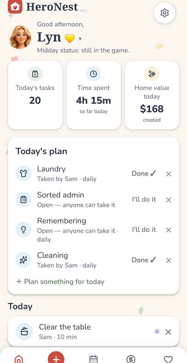 HeroNest home screen with today's tasks, time spent, home value, and a shared daily plan