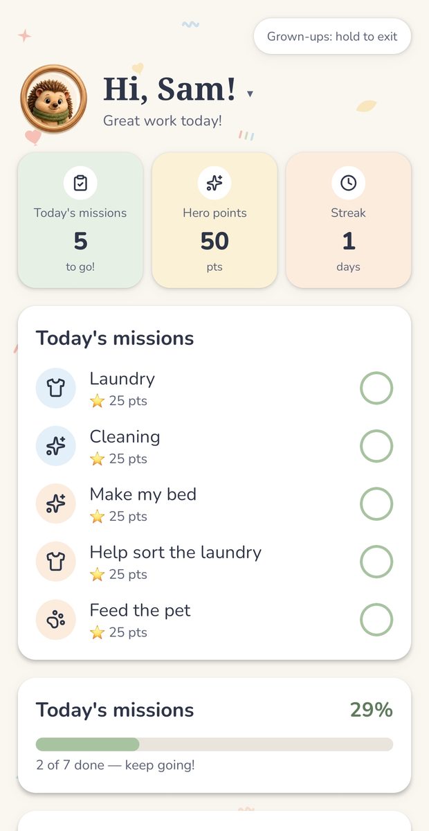 HeroNest Kids Mode showing today's missions, hero points, and a streak